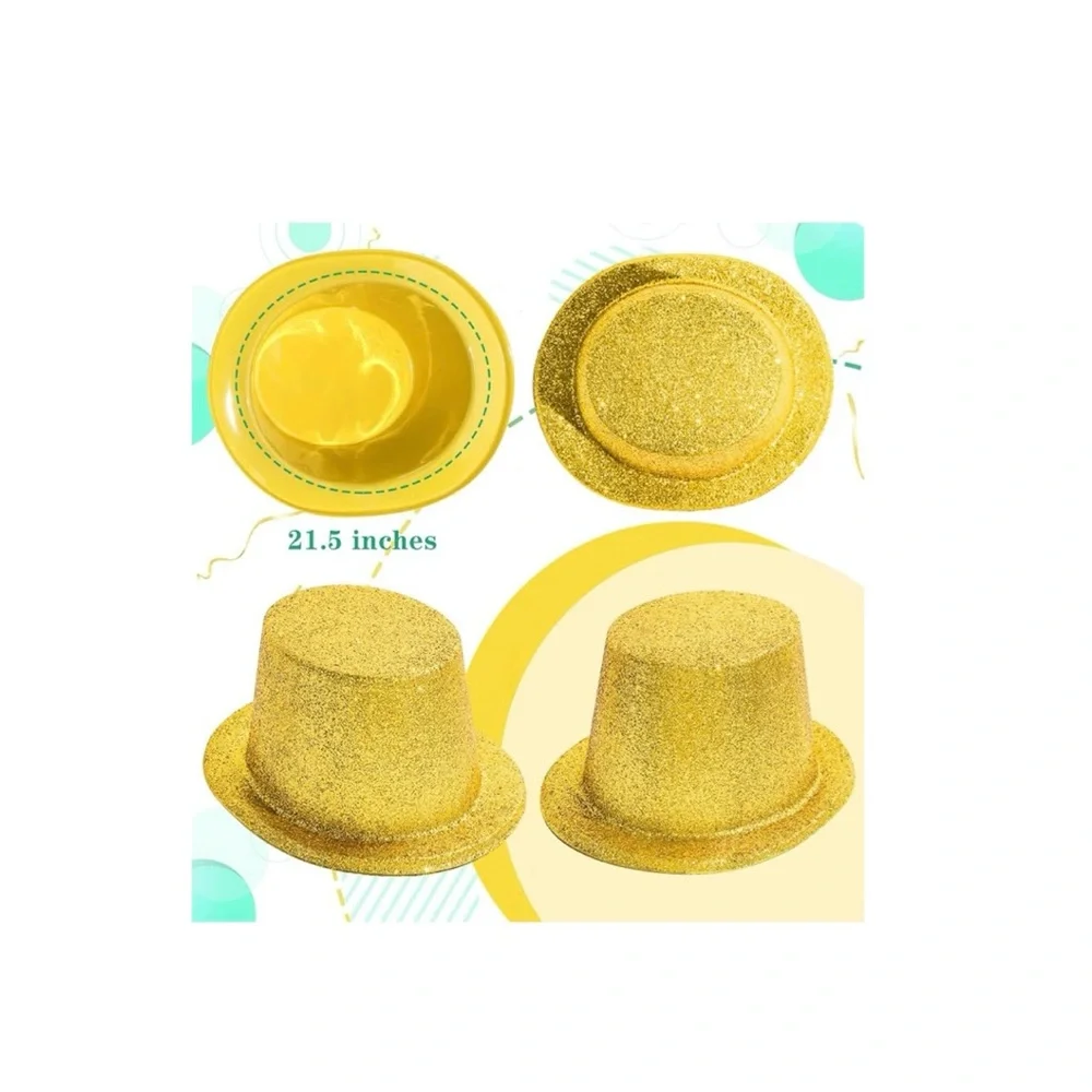 Hillban 12 Pc Top Hats, Glitter Plastic Retro Party Hats, Metallic Gold, NEW